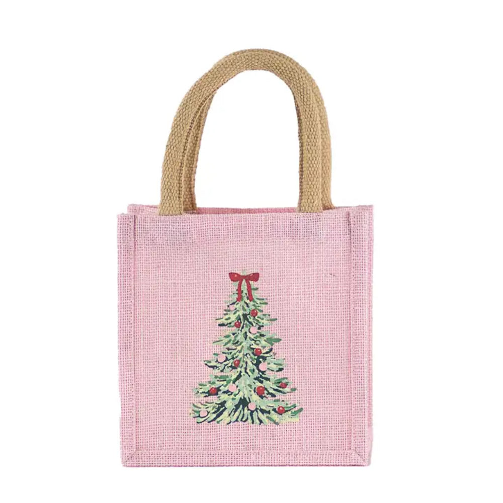 Pink jute bag with a Christmas tree design on a white background