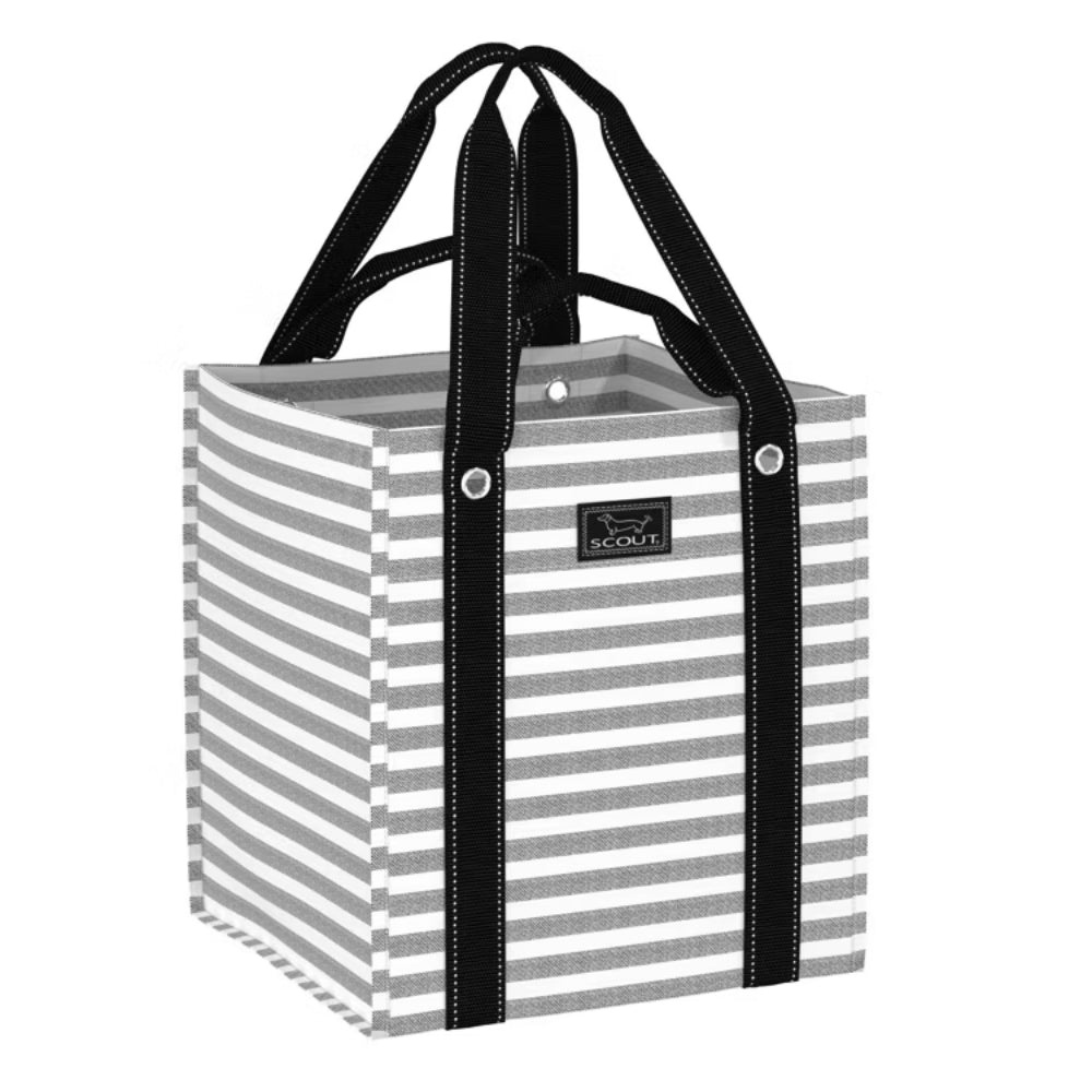 Striped gray tote bag with black handles on a white background
