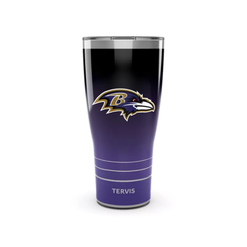 30oz Tervis tumbler with Baltimore Ravens logo on a white backround. 
