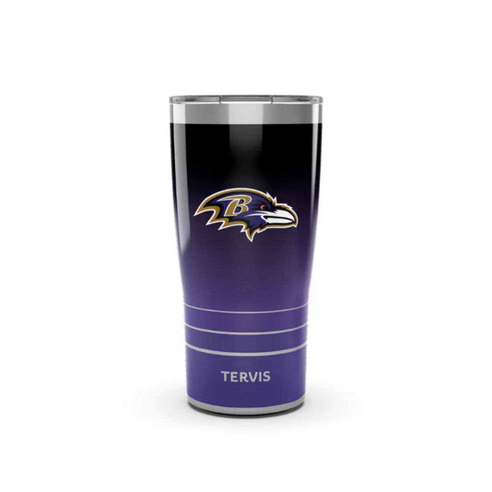 20oz Tervis tumbler with Baltimore Ravens logo on a white background.