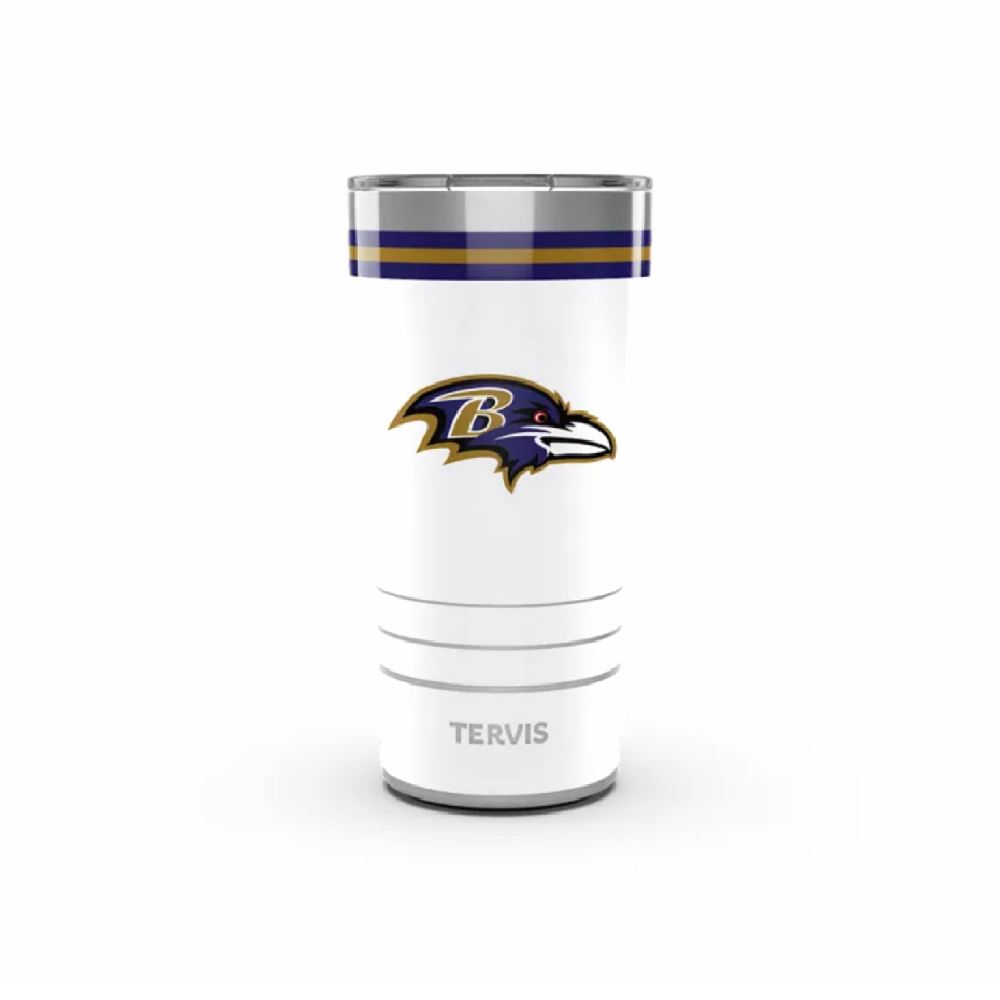 White 20oz tumbler with Baltimore Ravens logo and Tervis branding on a white background.