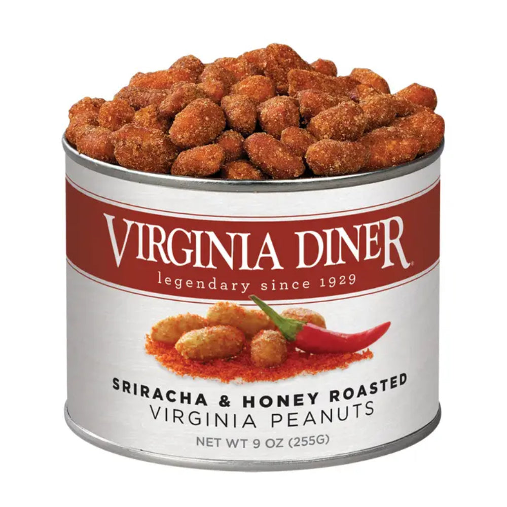 A 9 oz can of Virginia Diner Sriracha & Honey Roasted Virginia Peanuts, showing the peanuts inside the open can against a white background.