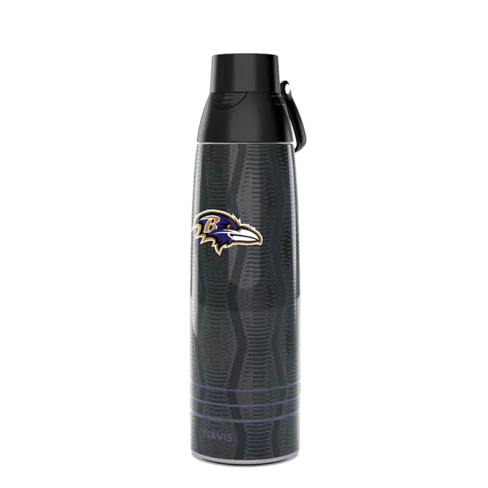 A black 36oz stainless steel Tervis water bottle with a Baltimore Ravens logo, featuring a chug spout and a straw spout.