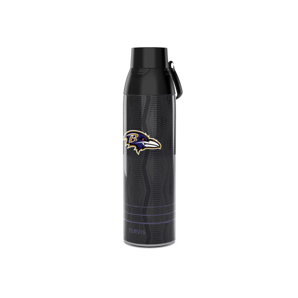 Black 26oz water bottle with Baltimore Ravens logo on a white background.