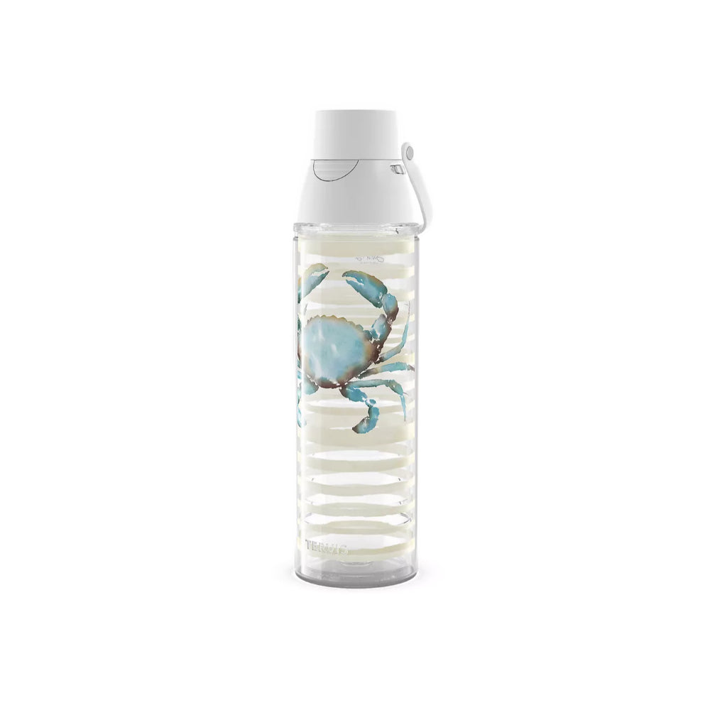 Clear water bottle with blue crab design on a white background