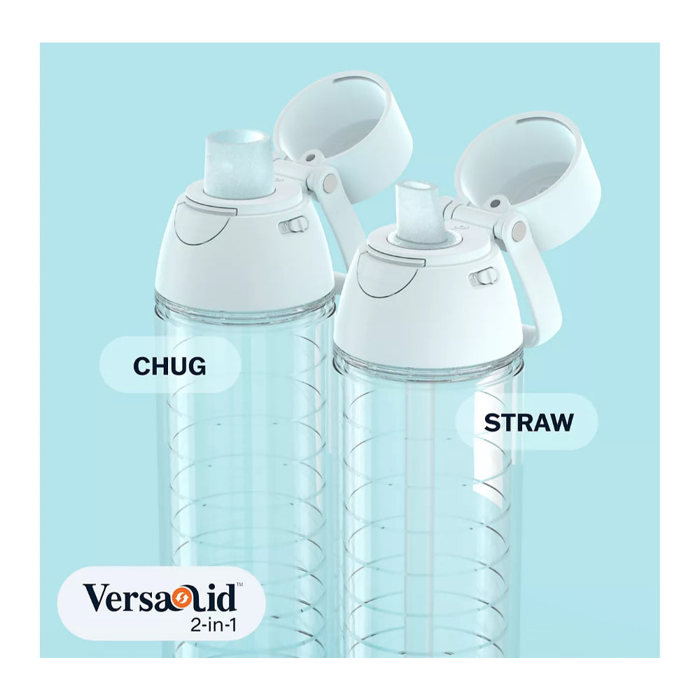 VersaLid 2-in-1 water bottle with Chug and Straw options on a light blue background