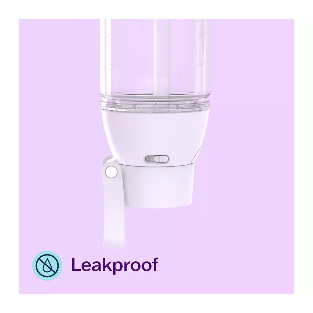 White water dispenser with clear container on a light purple background, featuring the 'Leakproof' brand.