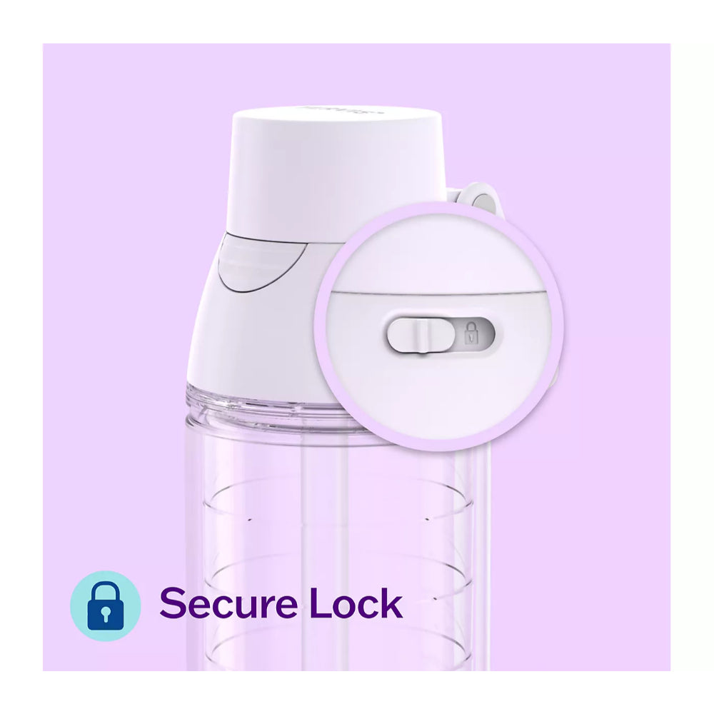 White water bottle with a secure lock mechanism on a purple background