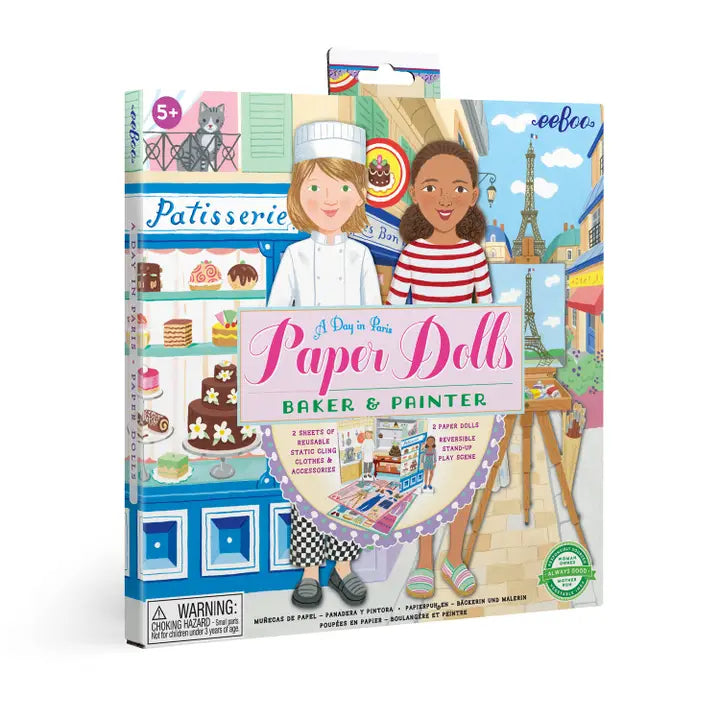 Box of paper dolls featuring a baker and painter with a Parisian theme.