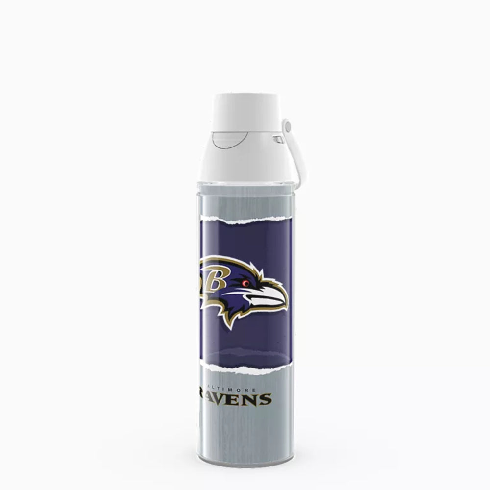 A Baltimore Ravens themed insulated water bottle with a white lid and handle, featuring a purple and silver design with the team logo and 'BALTIMORE RAVENS' text.