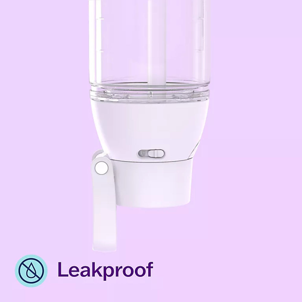 A close-up of a white and clear leakproof water bottle with a flip-top spout, shown against a solid light purple background with the text 'Leakproof' and a droplet icon at the bottom left.