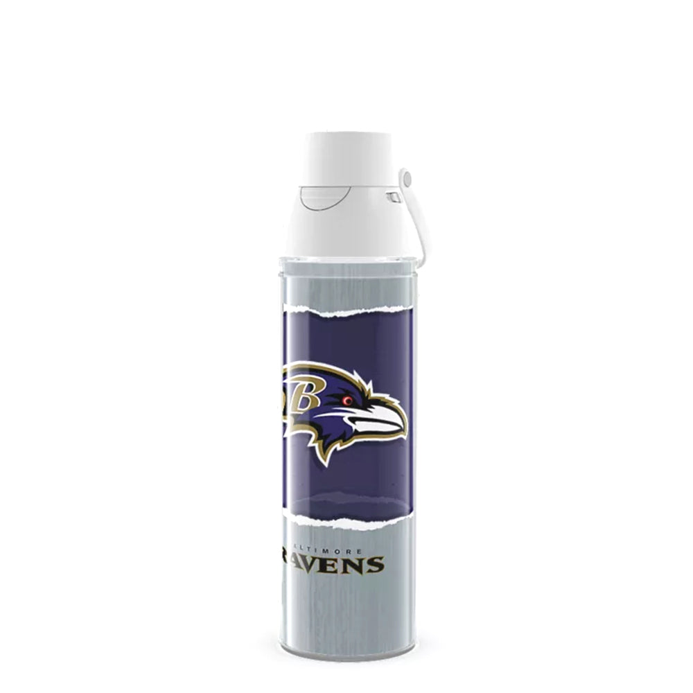 A Baltimore Ravens themed insulated water bottle with a white lid and handle, featuring a purple and silver design with the team logo and 'BALTIMORE RAVENS' text.