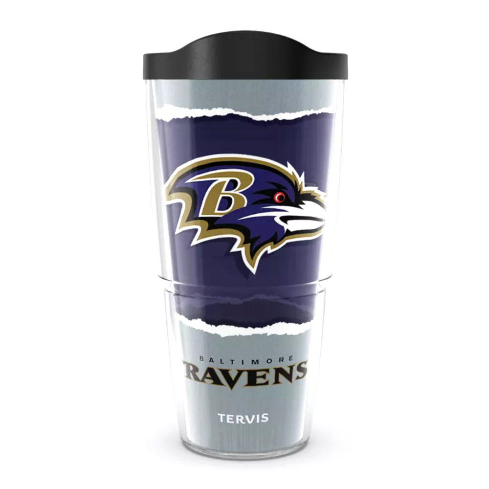 A Baltimore Ravens travel tumbler with a clear body, dark purple upper section, silver lower section, and a black lid, featuring the Ravens logo and team name on a white background.