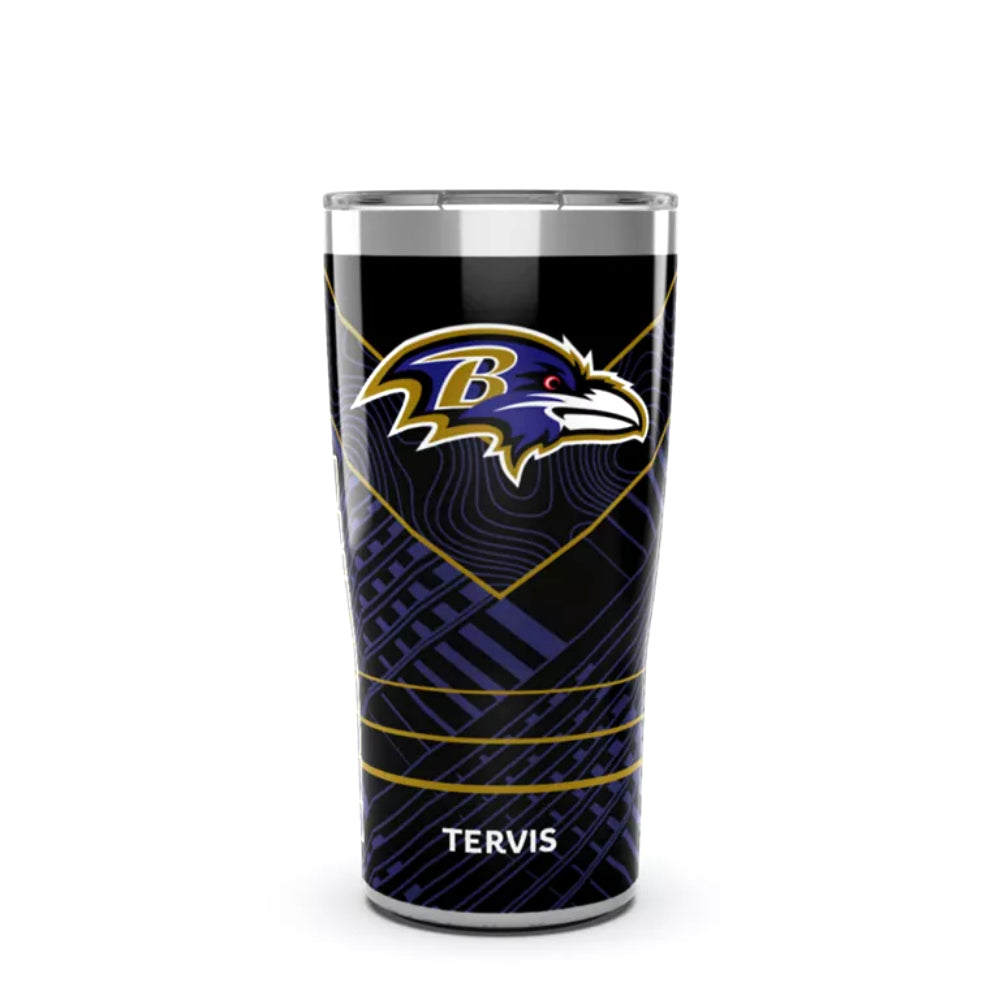 A personalized stainless steel travel tumbler with a black and purple Baltimore Ravens design, featuring the team logo and the name 'TERVIS' printed at the bottom, displayed on a white background.