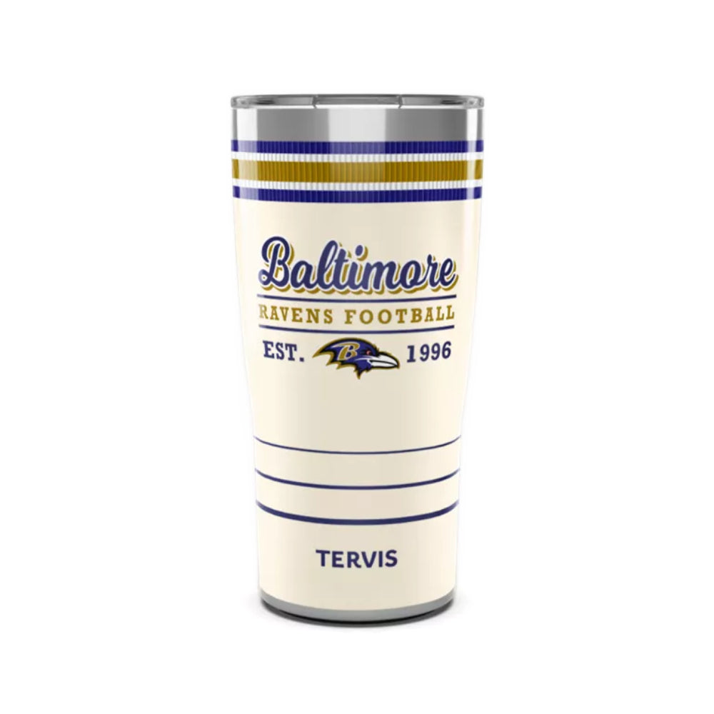 A white Baltimore Ravens Football insulated tumbler with blue and gold stripes, featuring the team logo and 'TERVIS' printed on the front, set against a plain white background.