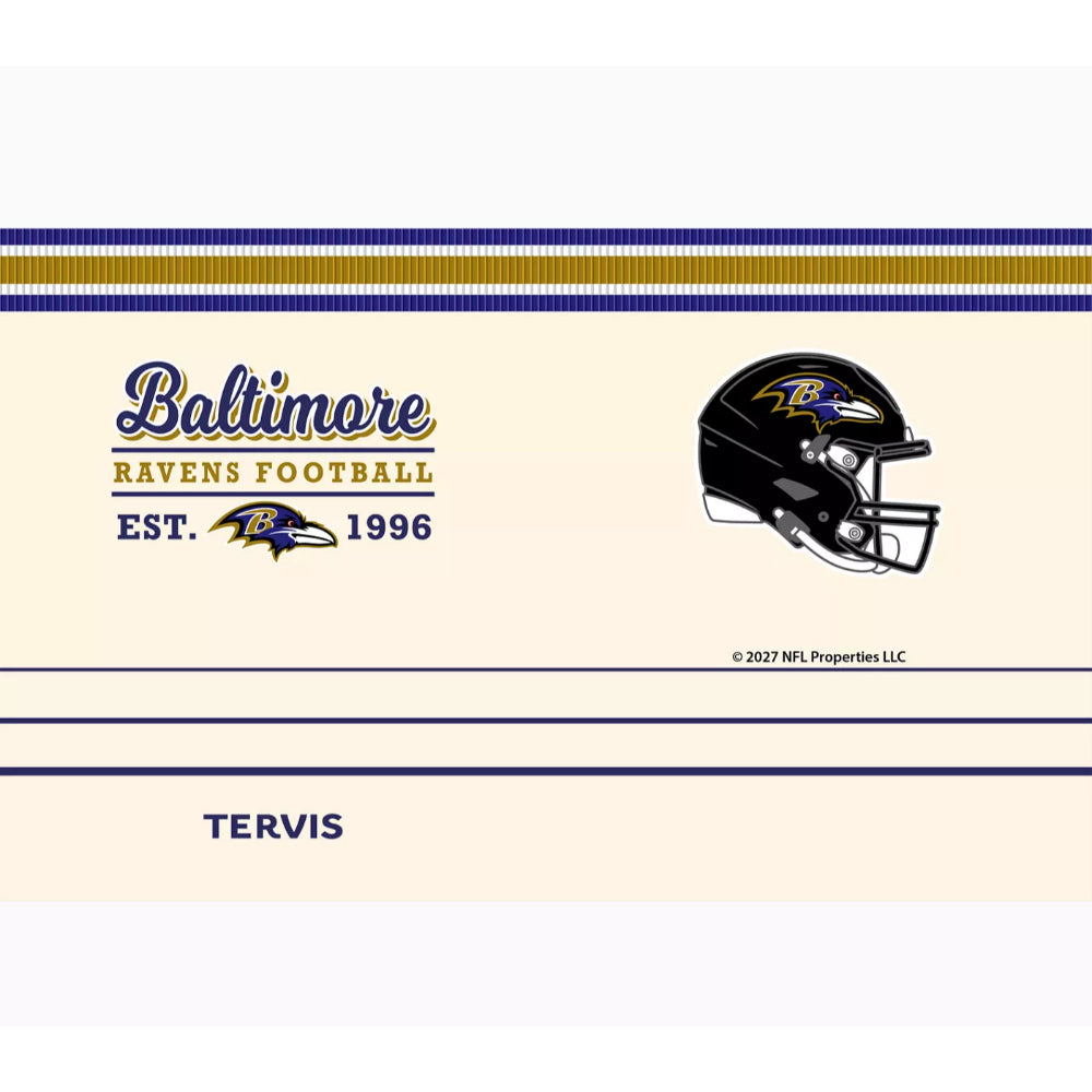 A Baltimore Ravens Football decal or sticker design on a cream background, featuring the team name, 'Est. 1996', a Ravens helmet graphic, and the name 'Tervis' below horizontal navy and gold stripes.