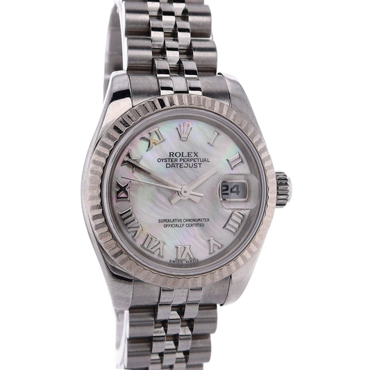 Estate Rolex Stainless Steel And 18 Karat White Gold OPDJ Mother of Pearl Roman Dial 179174 W/Box and Papers C.2007