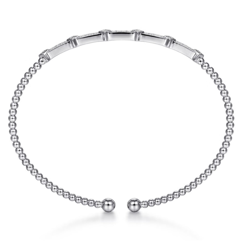 A silver-toned beaded bracelet with a bamboo-inspired clasp at the top and a sliding ball closure at the bottom, shown on a clean white background.
