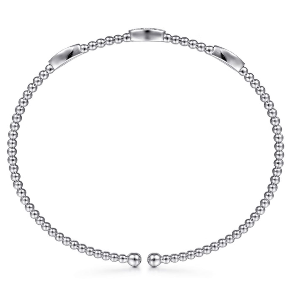 A silver beaded bracelet with a polished clasp, displayed on a clean white background.