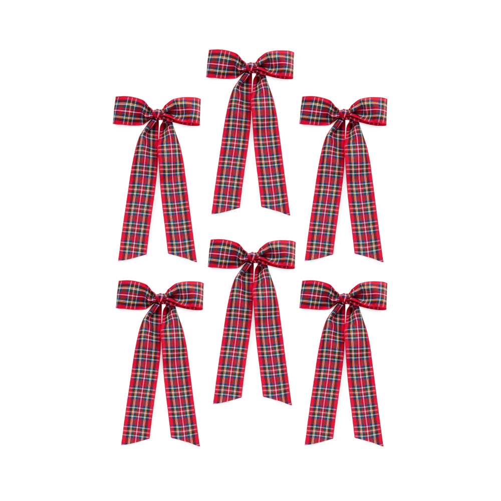Six red tartan plaid ribbon bows arranged in two columns on a plain white background.