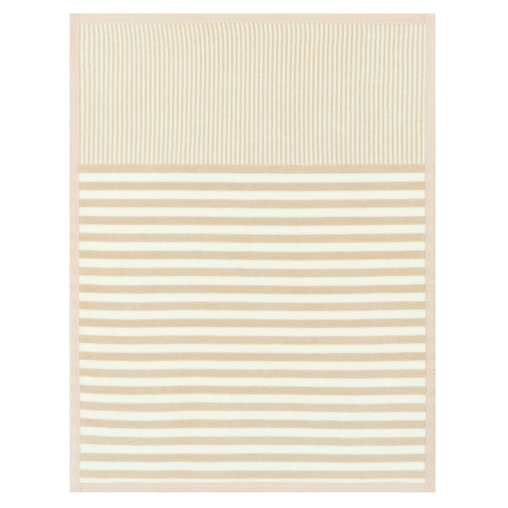 A rectangular area rug with a two-tone pattern, featuring a top section of vertical cream and beige stripes and a bottom section of horizontal cream and beige stripes, finished with a solid beige border.