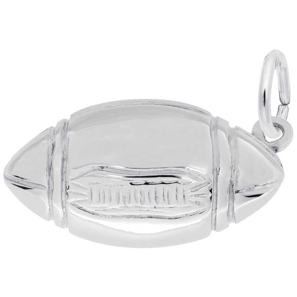 Silver football charm on a white background