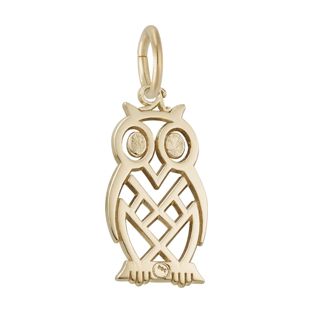 Gold owl charm with manufacturer's mark engraving on a white background