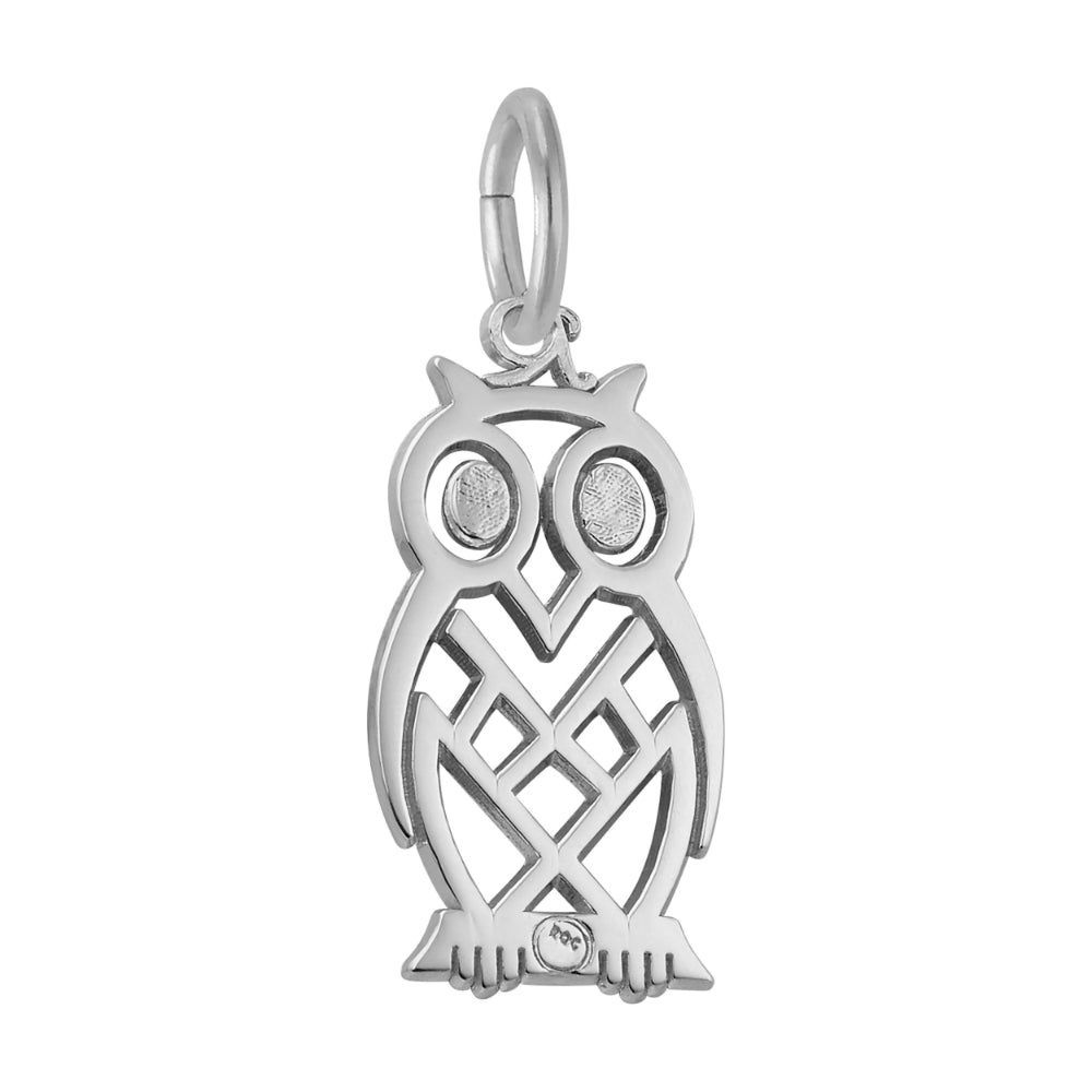 Silver owl charm with manufacturer's mark engraving on a white background