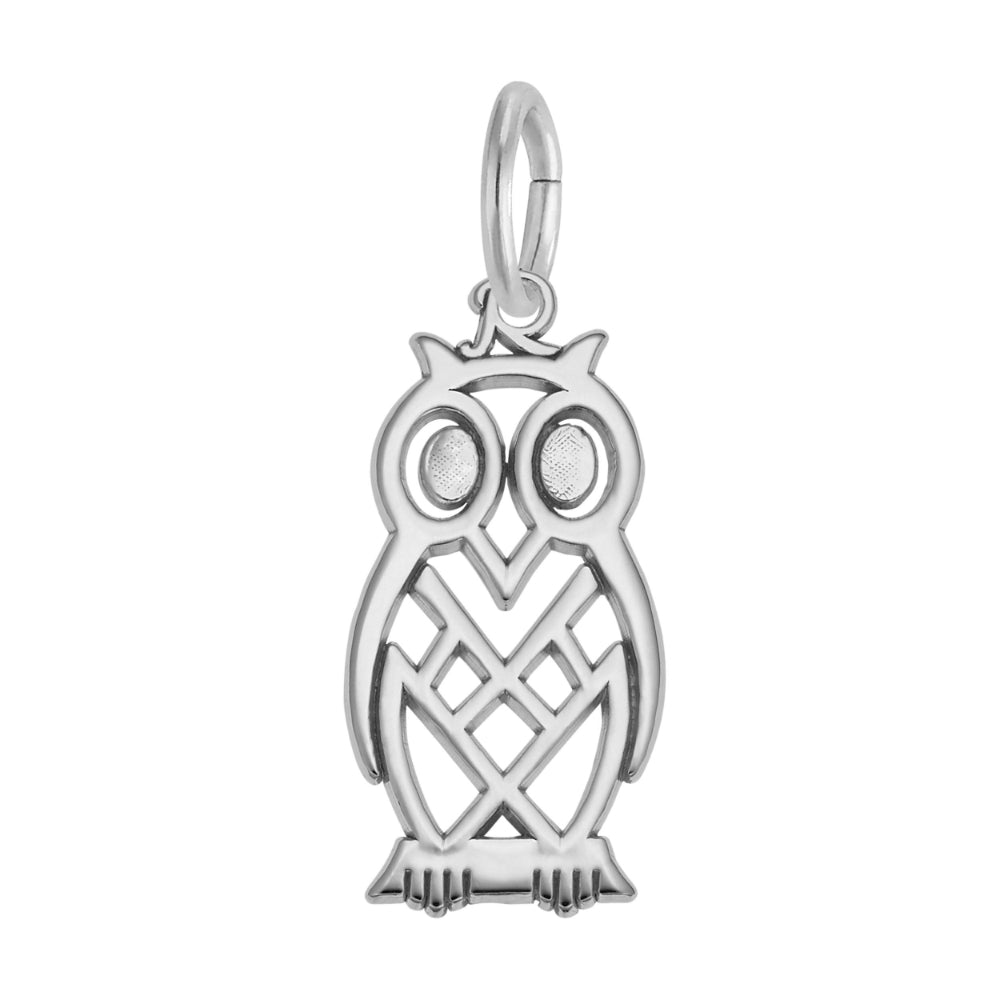 Silver owl charm on a white background