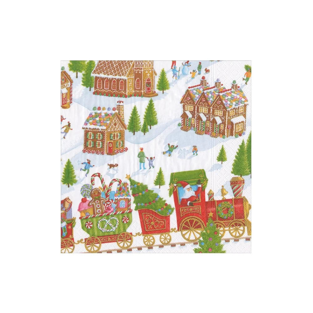 Christmas-themed  paper napkin with gingerbread houses, Santa Claus, and a train on a white background.