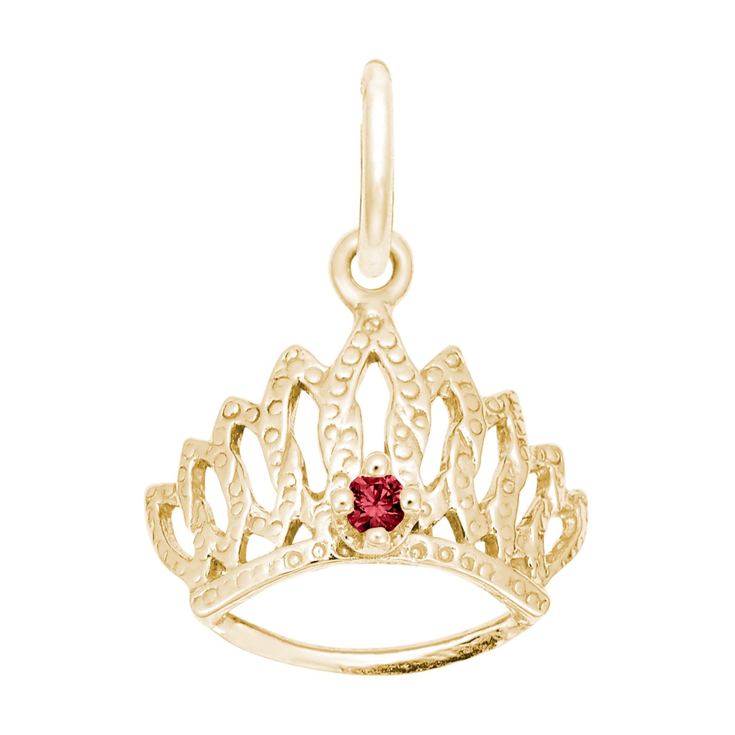 Gold tiara-shaped charm with a red gemstone on a white background