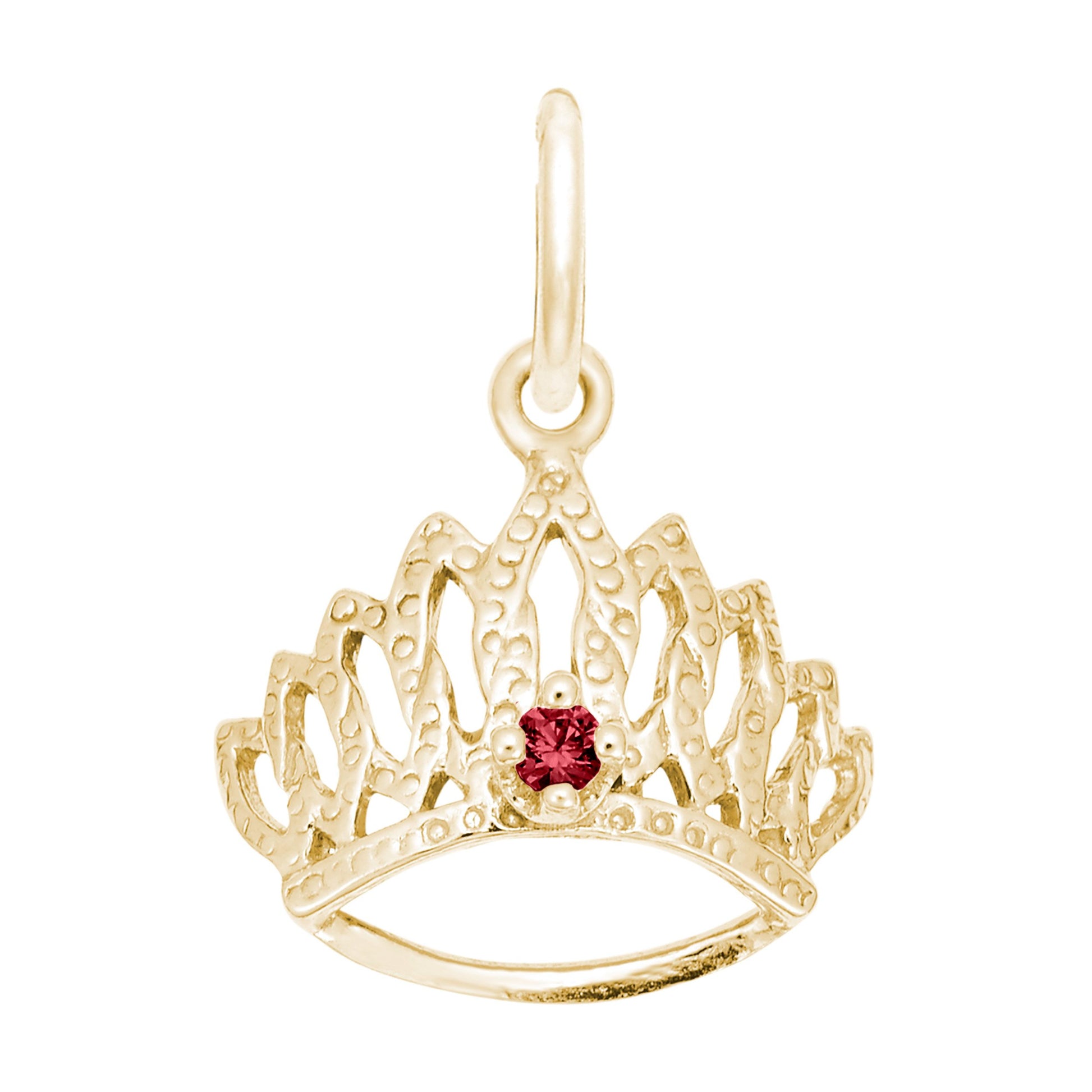 Gold tiara-shaped charm with a red gemstone on a white background