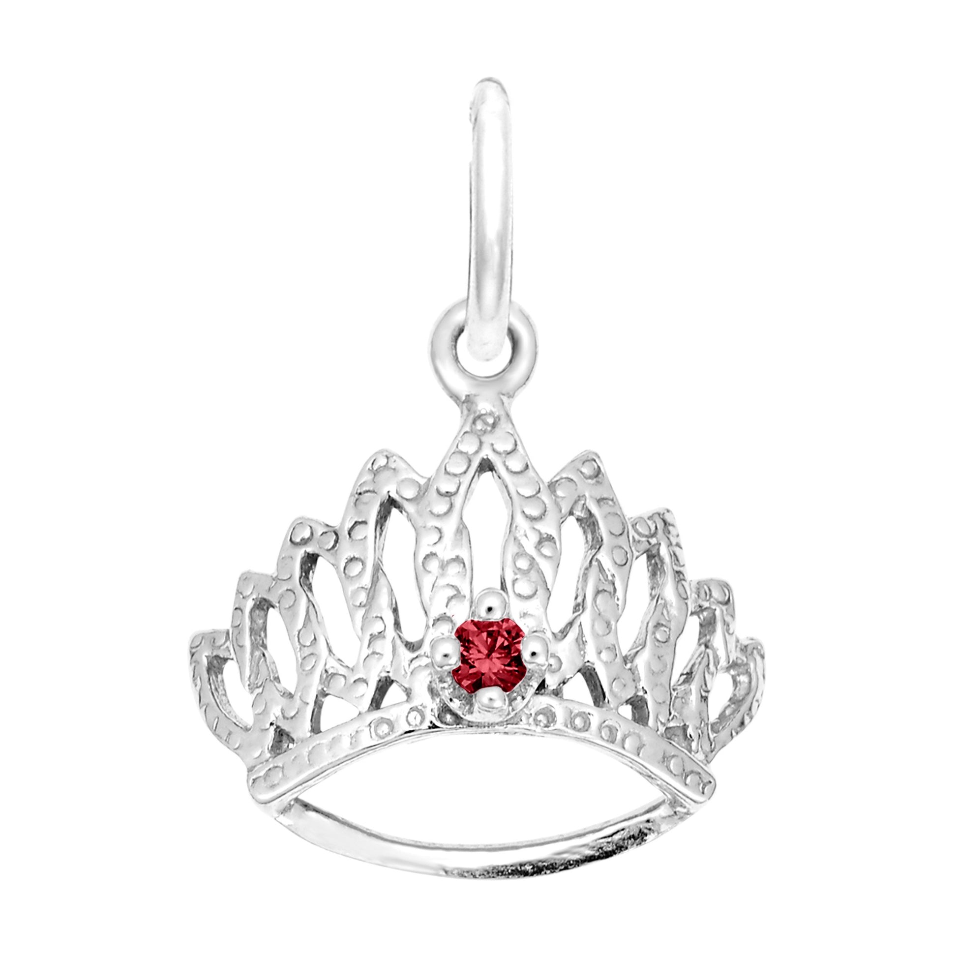 Silver tiara-shaped charm with a red gemstone on a white background