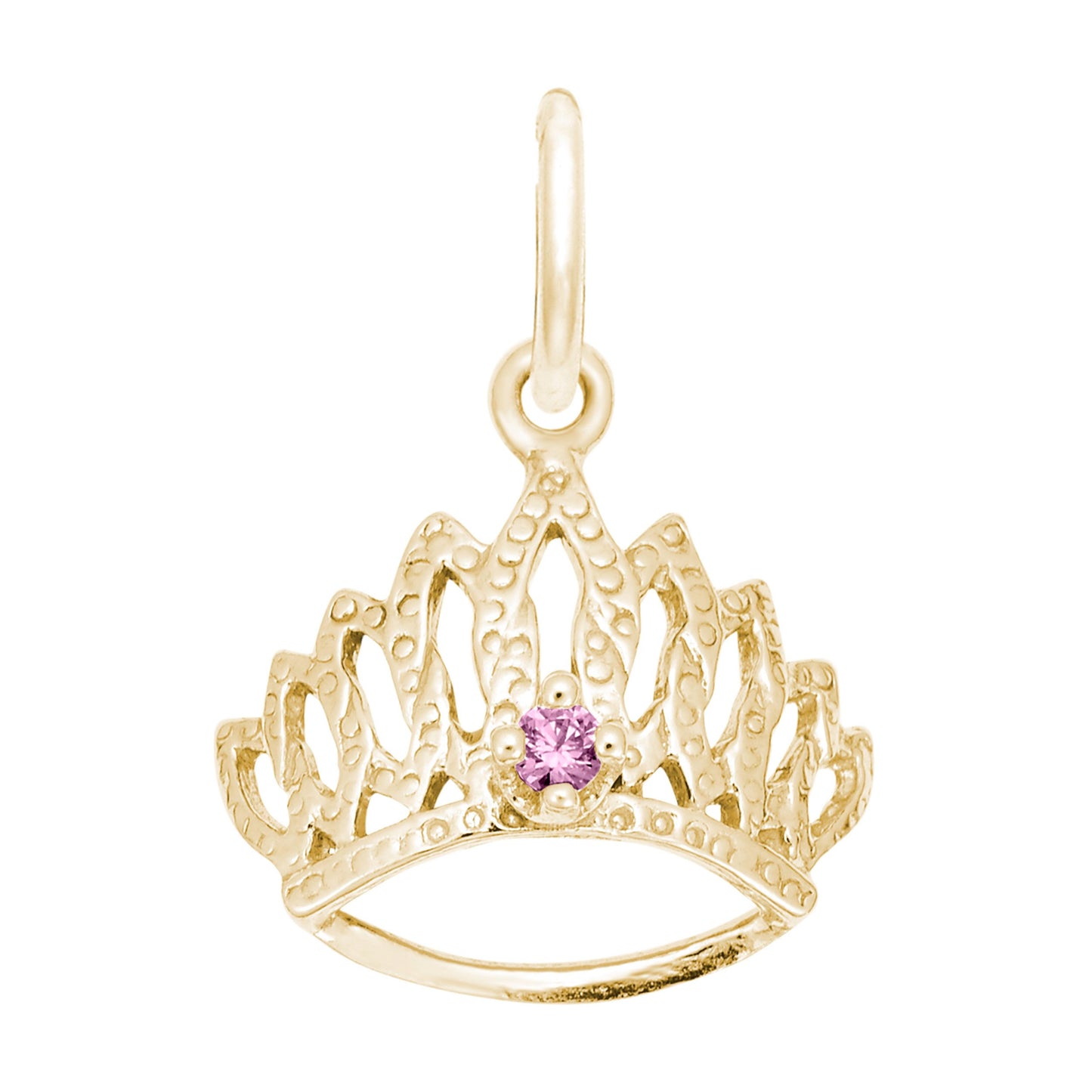 Gold tiara-shaped charm with a pink gemstone on a white background