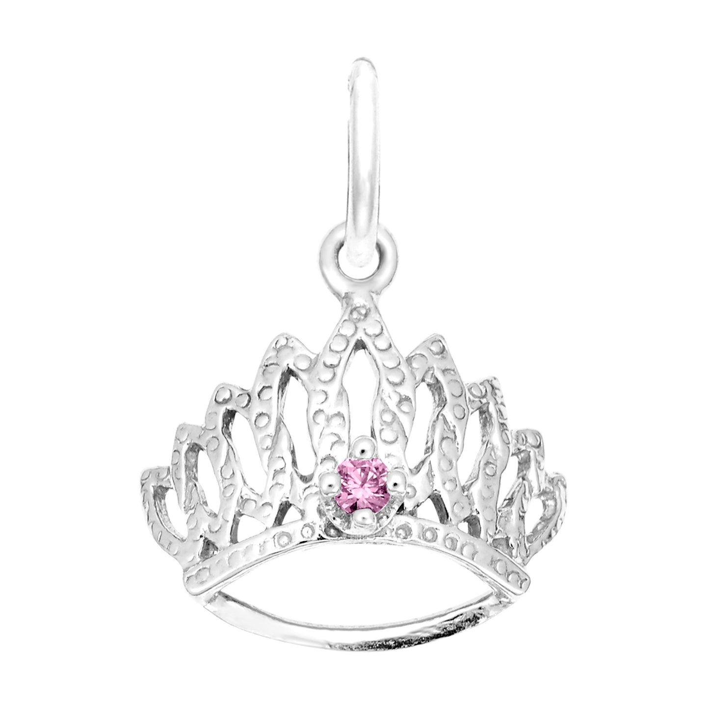 Silver tiara-shaped charm with a pink gemstone on a white background