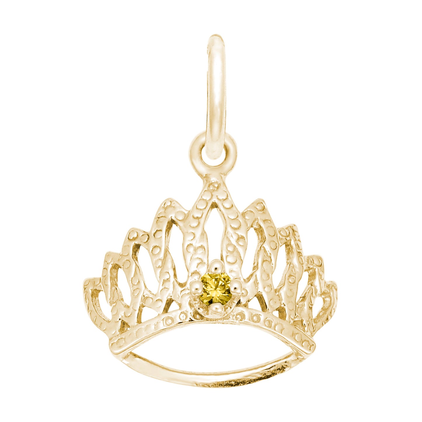 Gold tiara-shaped charm with a yellow gemstone on a white background