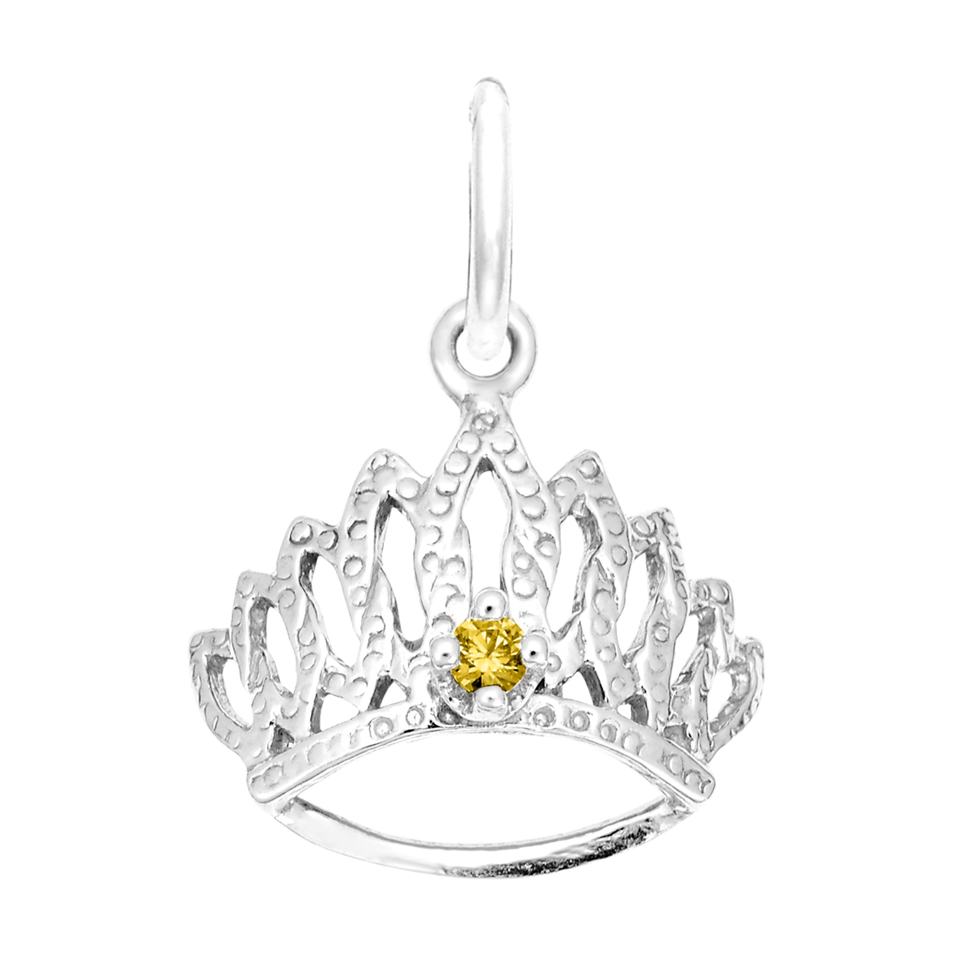 Silver tiara-shaped charm with a yellow gemstone on a white background