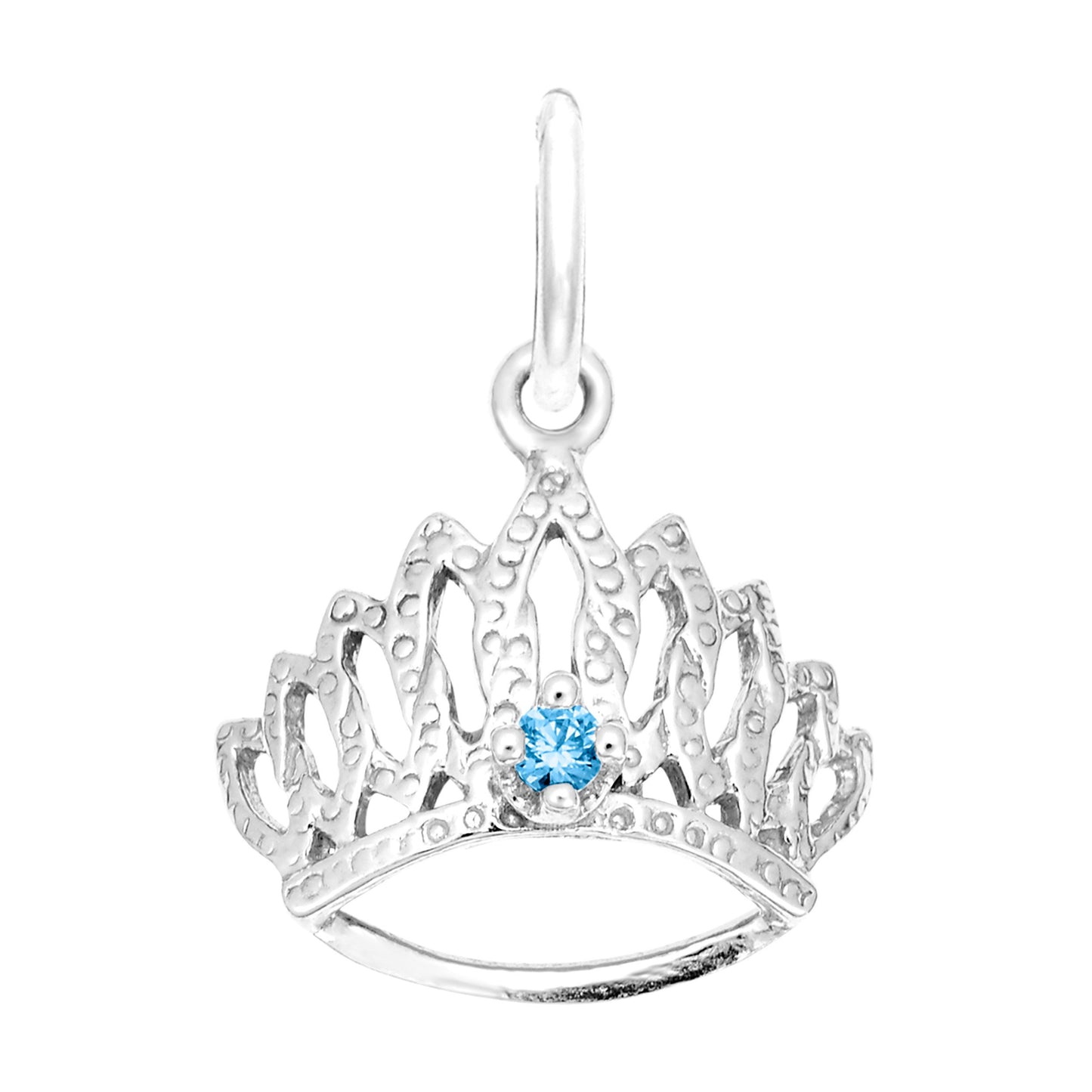 Silver tiara-shaped charm with a blue gemstone on a white background