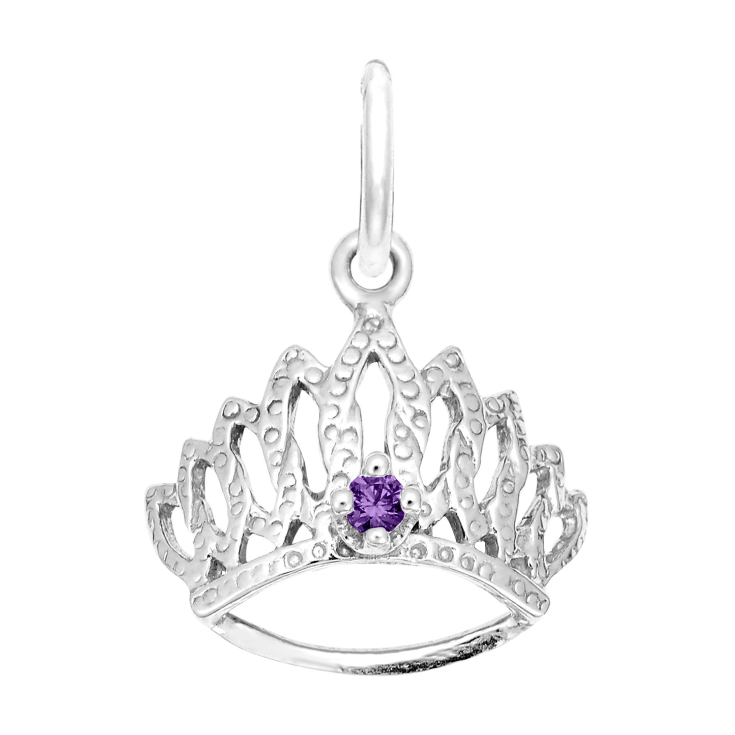 Silver tiara-shaped charm with a purple gemstone on a white background