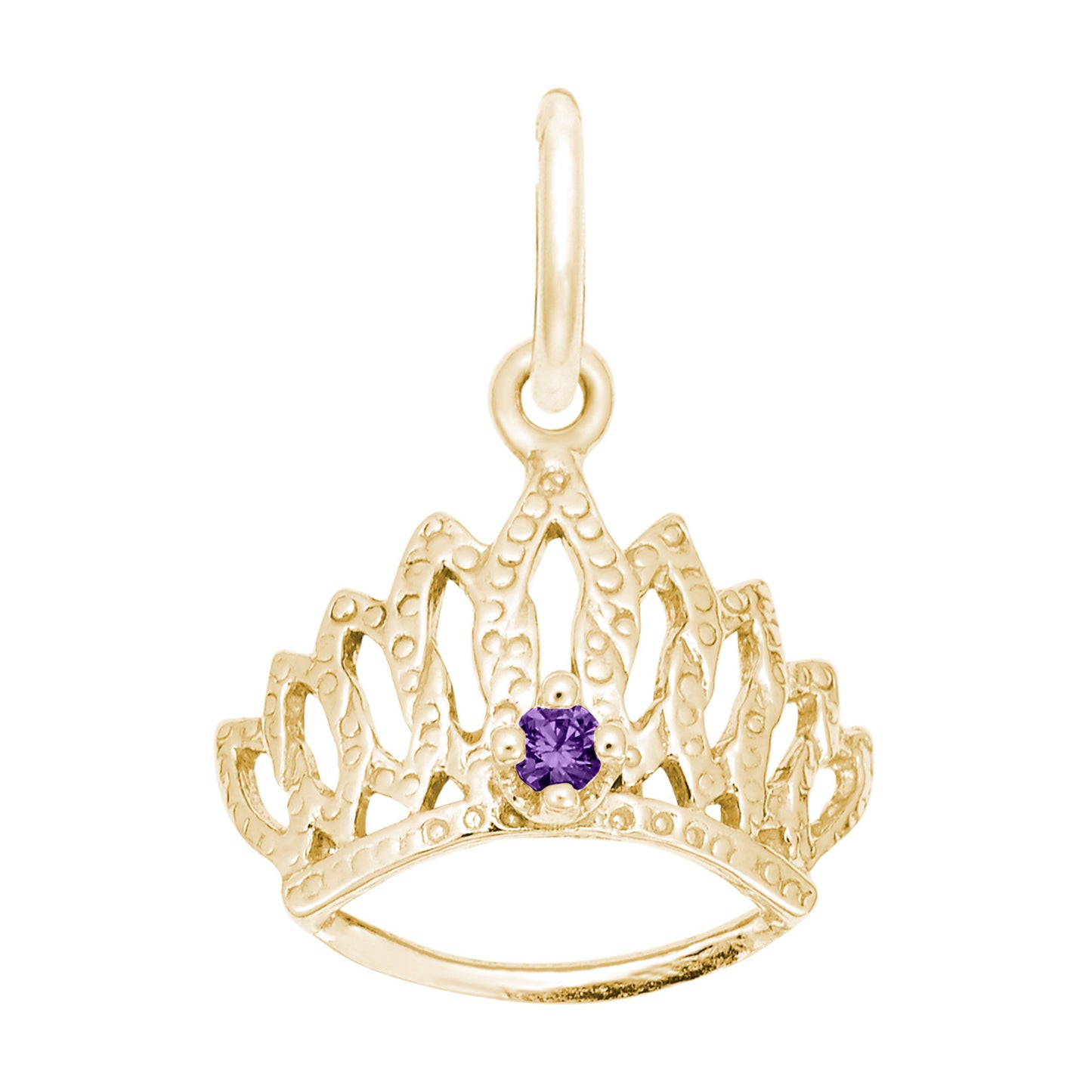 Gold tiara-shaped charm with a purple gemstone on a white background