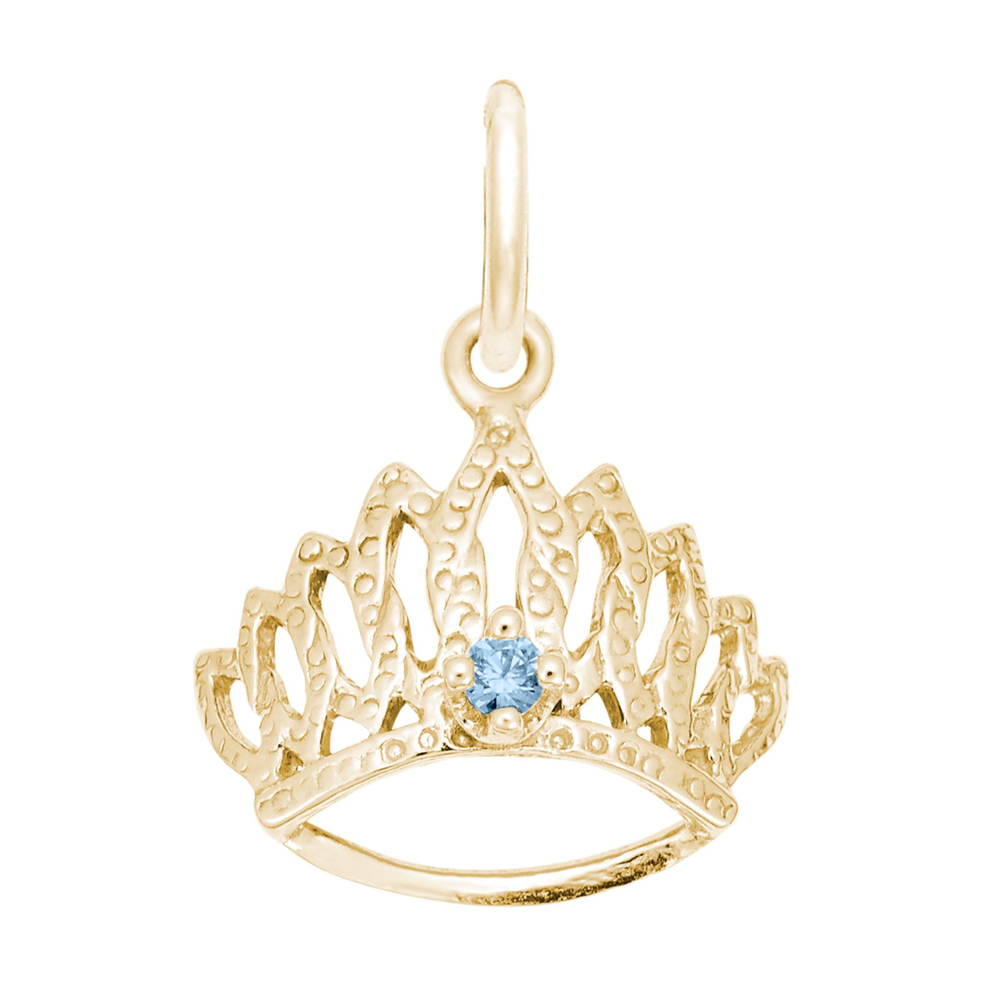 Gold tiara-shaped charm with a blue gemstone on a white background