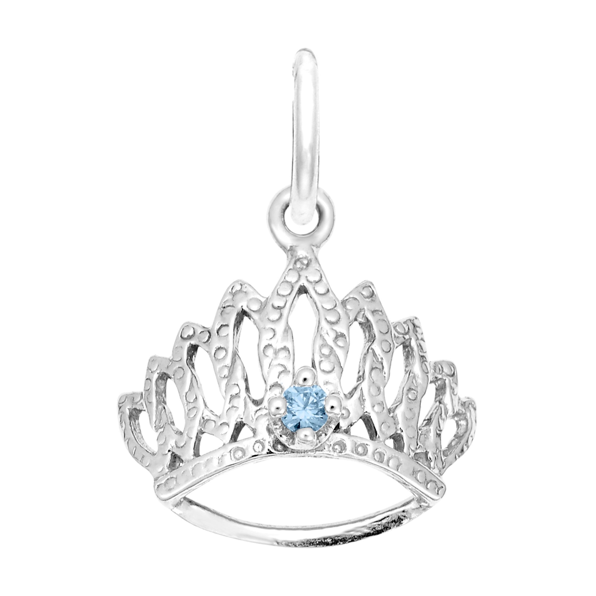 Silver tiara-shaped charm with a blue gemstone on a white background