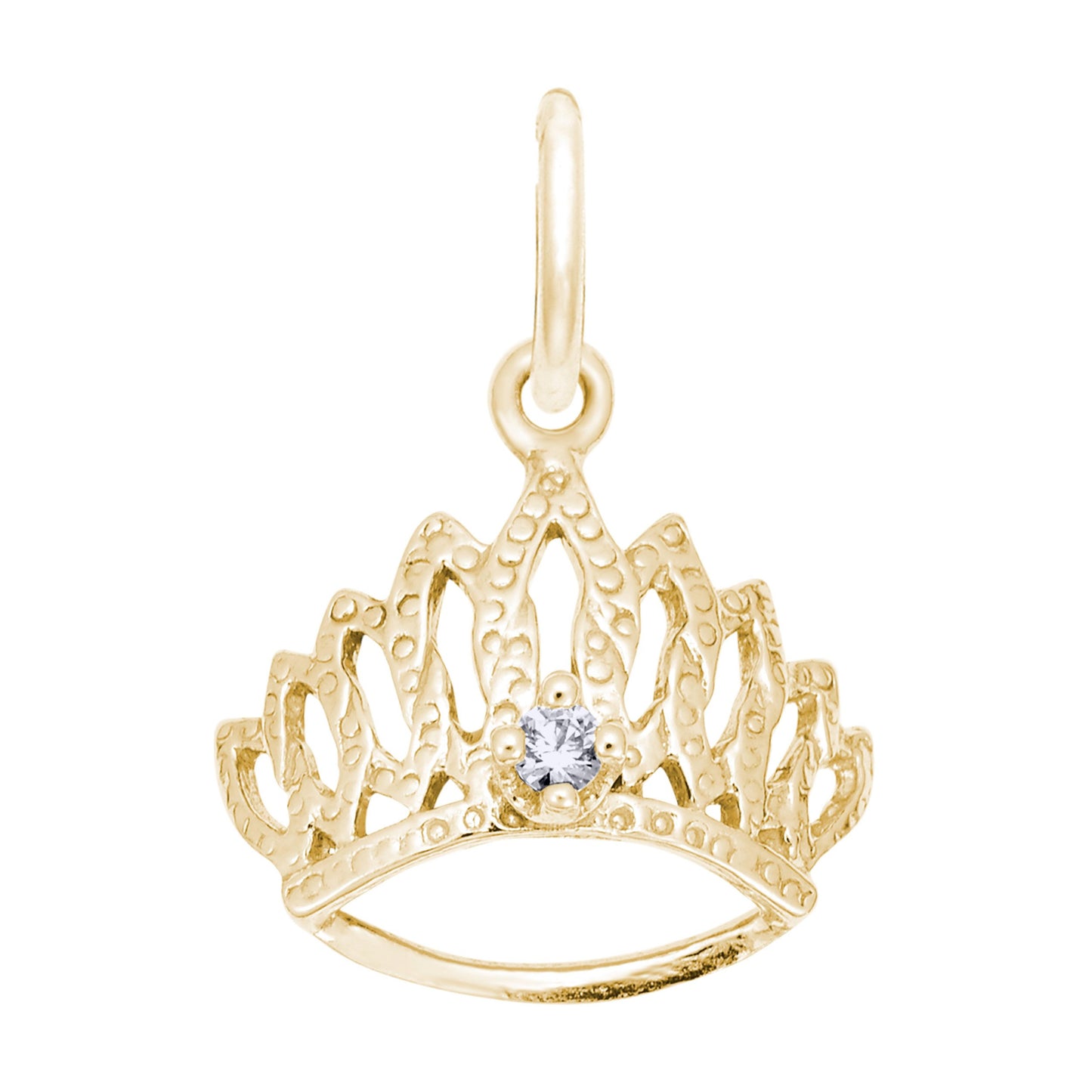 Gold tiara-shaped charm with a diamond on a white background