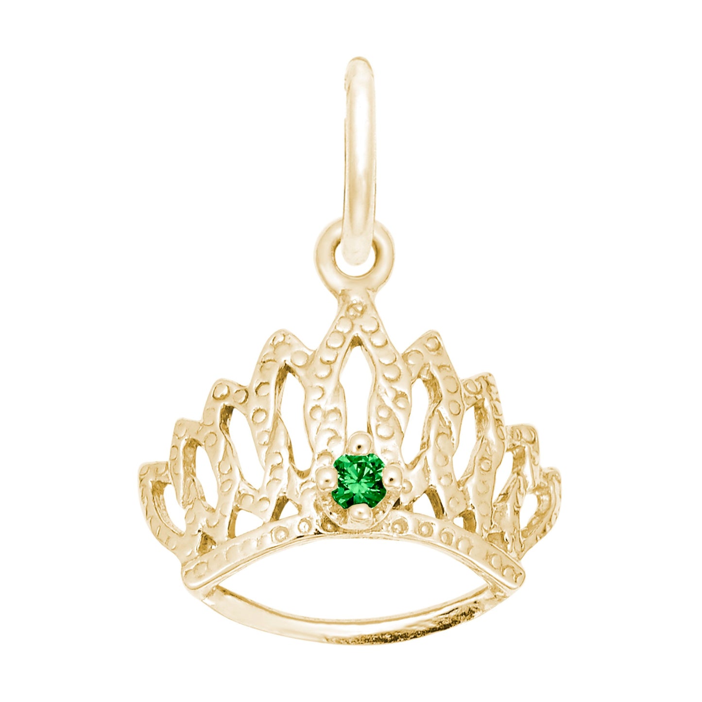 Gold tiara-shaped charm with a green gemstone on a white background