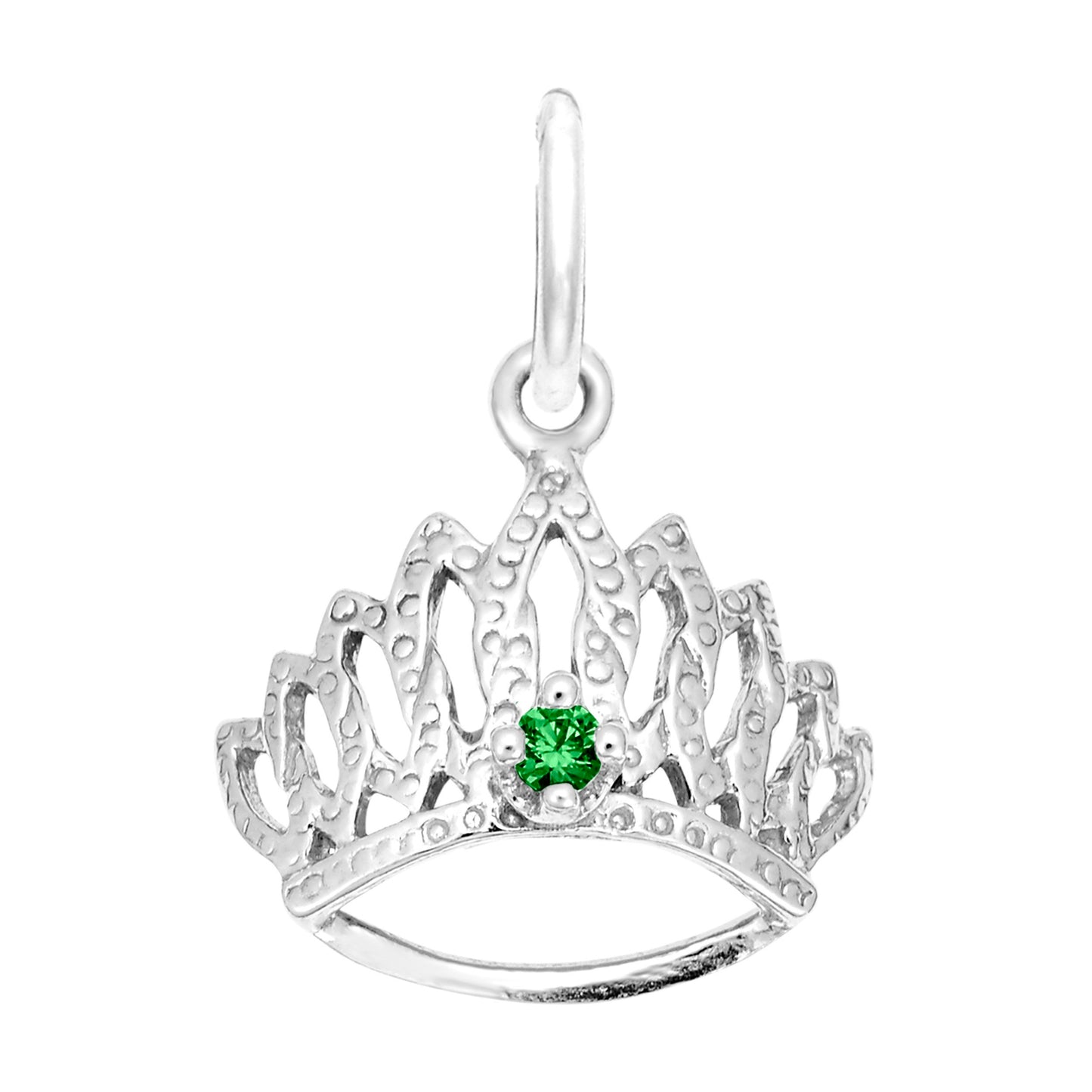 Silver tiara-shaped charm with a green gemstone on a white background