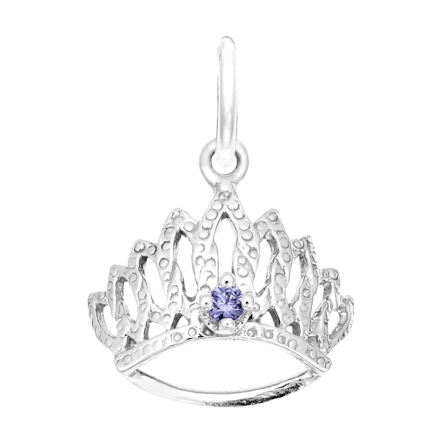 Silver tiara-shaped charm with a purple gemstone on a white background