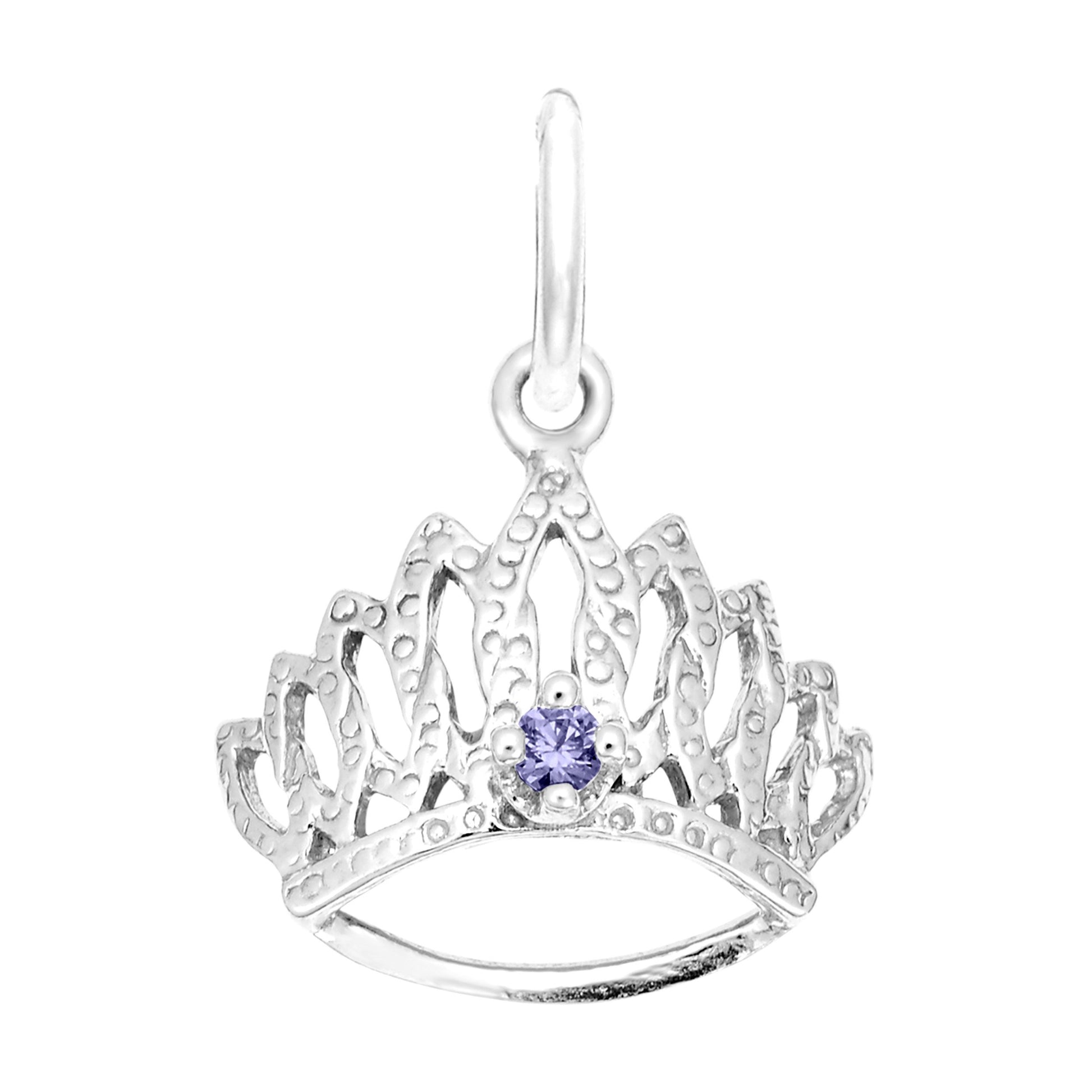 Silver tiara-shaped charm with a purple gemstone on a white background