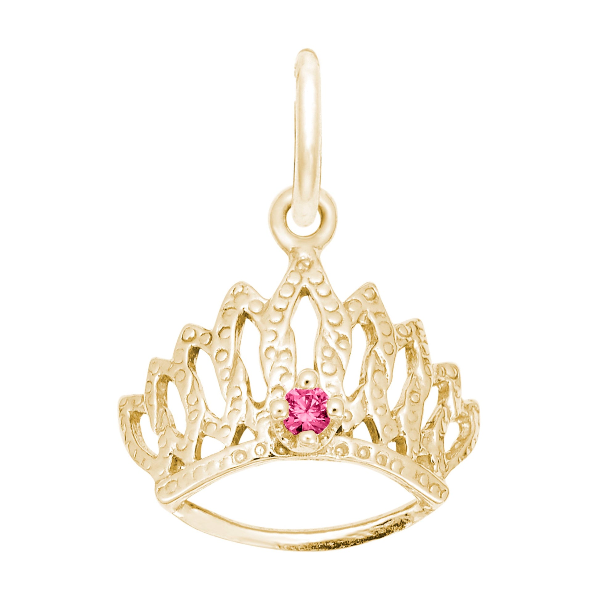 Gold tiara-shaped charm with a pink gemstone on a white background
