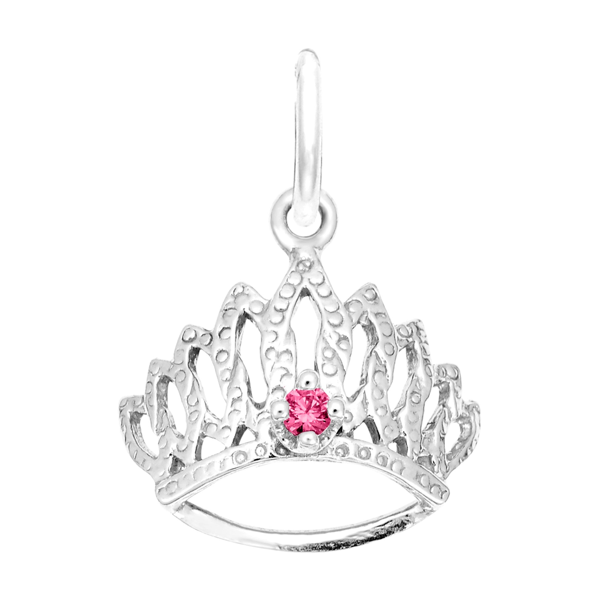 Silver tiara-shaped charm with a pink gemstone on a white background