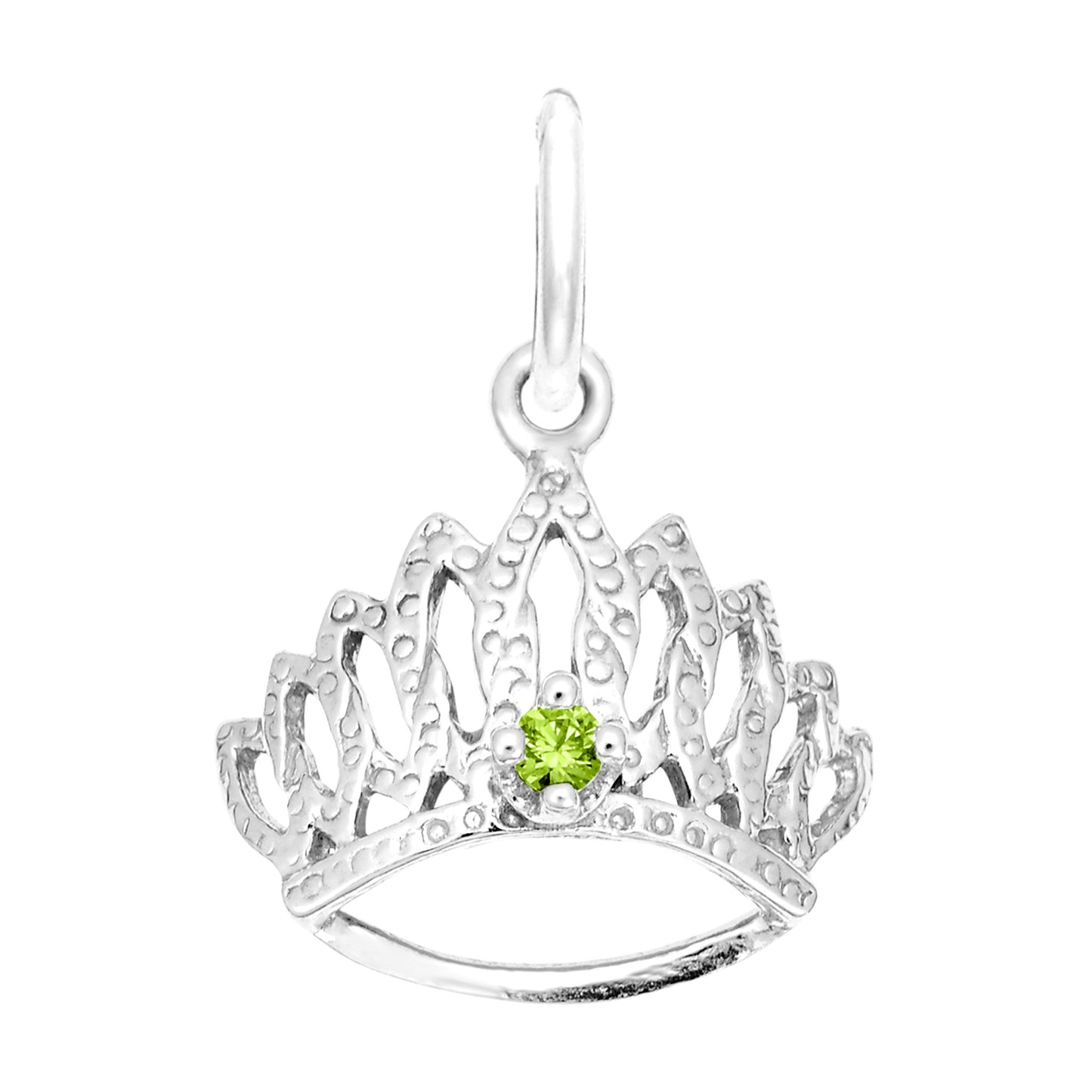 Silver tiara-shaped charm with a green gemstone on a white background
